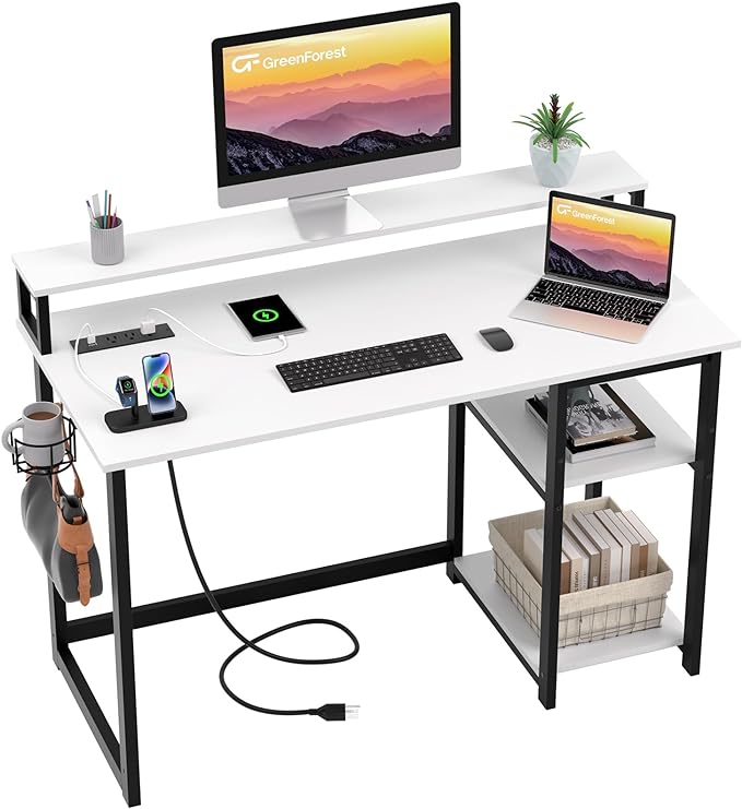 40 inch Computer Desk with Power Outlets, Small Home Office Desk with Ergonomic