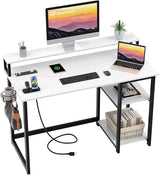 47 inch Gaming Desk with Power Outlets, Small Home Office Desk with Ergonomic Monitor Stand