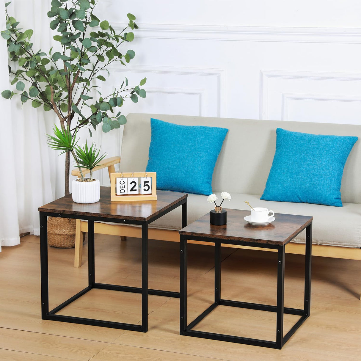 Nesting Coffee Table, 2 Sets Square Coffee Table with Wooden Tabletop and Sturdy
