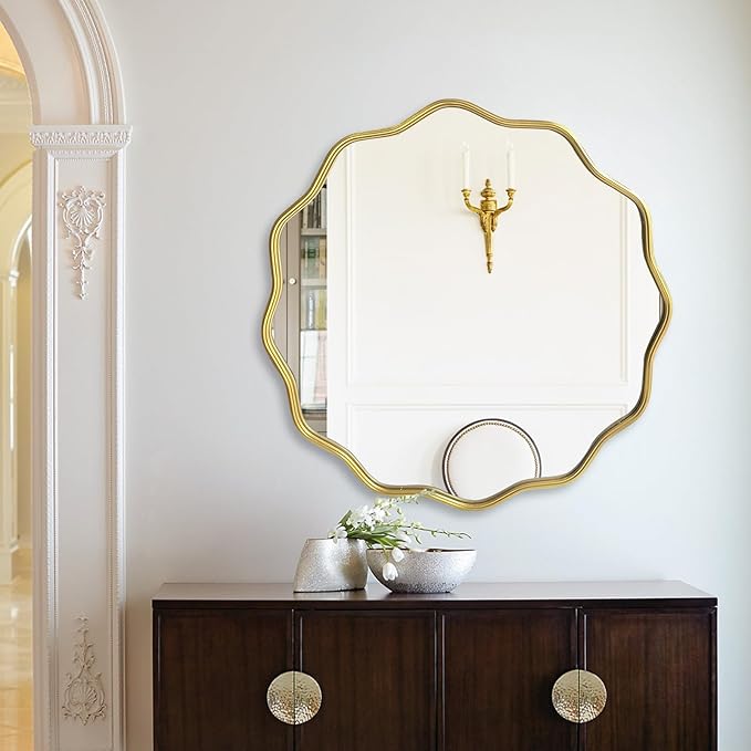 Black Round Mirror, 30" Bathroom Wavy Mirror, Wall Mounted Mirror