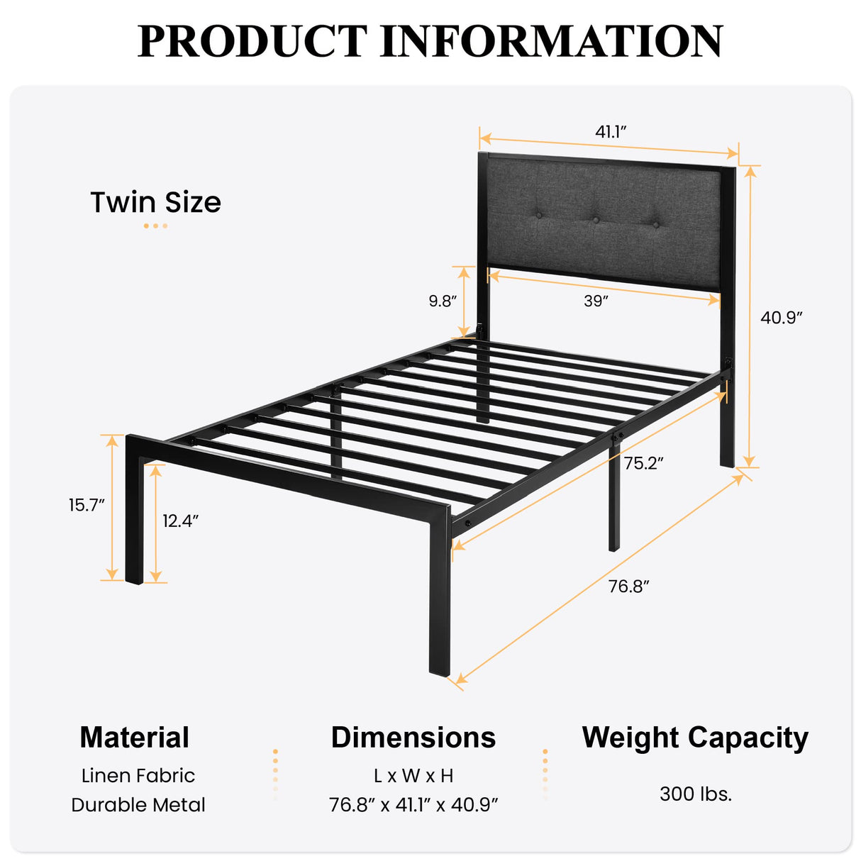 Twin Size Bed Frame with Upholstered Headboard, Platform Bed Frame with Metal Slats,