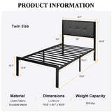 Twin Size Bed Frame with Upholstered Headboard, Platform Bed Frame with Metal Slats,