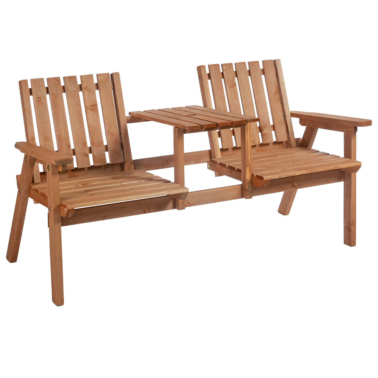 Bench, Garden Bench with Middle Table and Umbrella Hole, Wooden Outdoor Bench