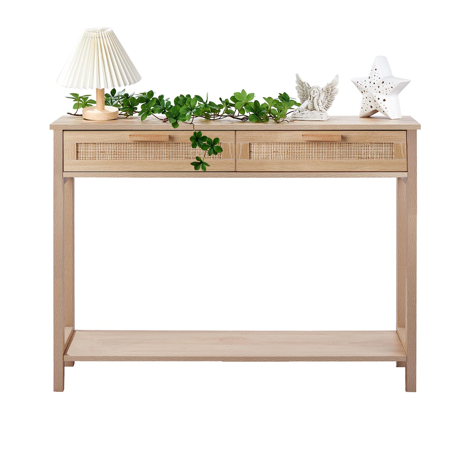 CREATIVELAND Console Table, 2 Drawers Hamilton Rattan Console Table, Entry Storage Rustic Sofa Side Table for Living Room, Entryway, Hallway Foyer, Durable Modern Wood Furniture Decorative