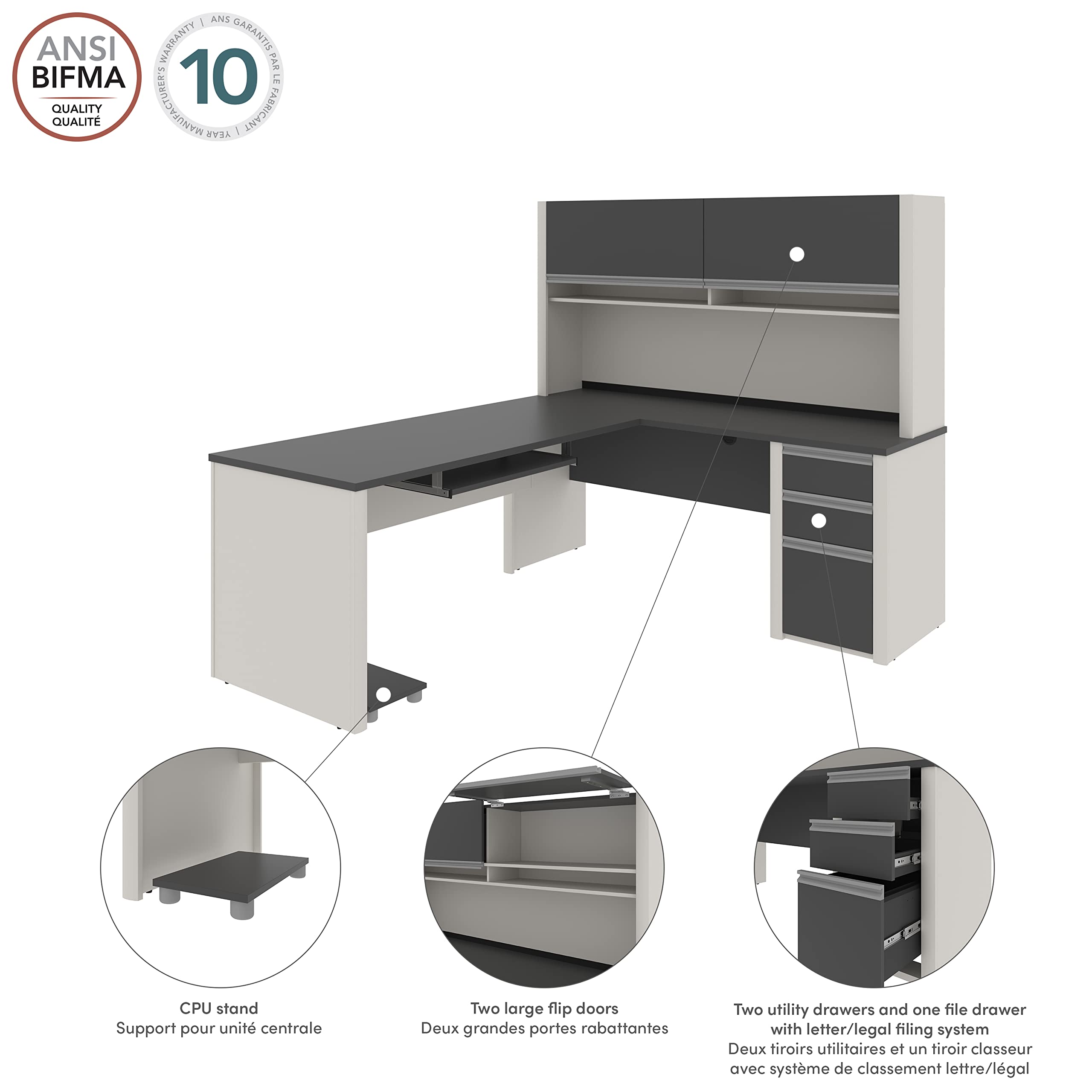 Connexion L-Shaped Desk with Hutch and Pedestal, 72W, Slate/Sandstone