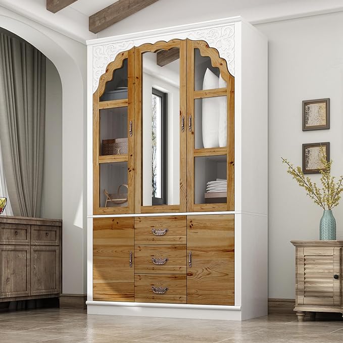 75.7" H Wardrobe Armoire Closet with 4 Carved Glass Doors, 3 Drawers