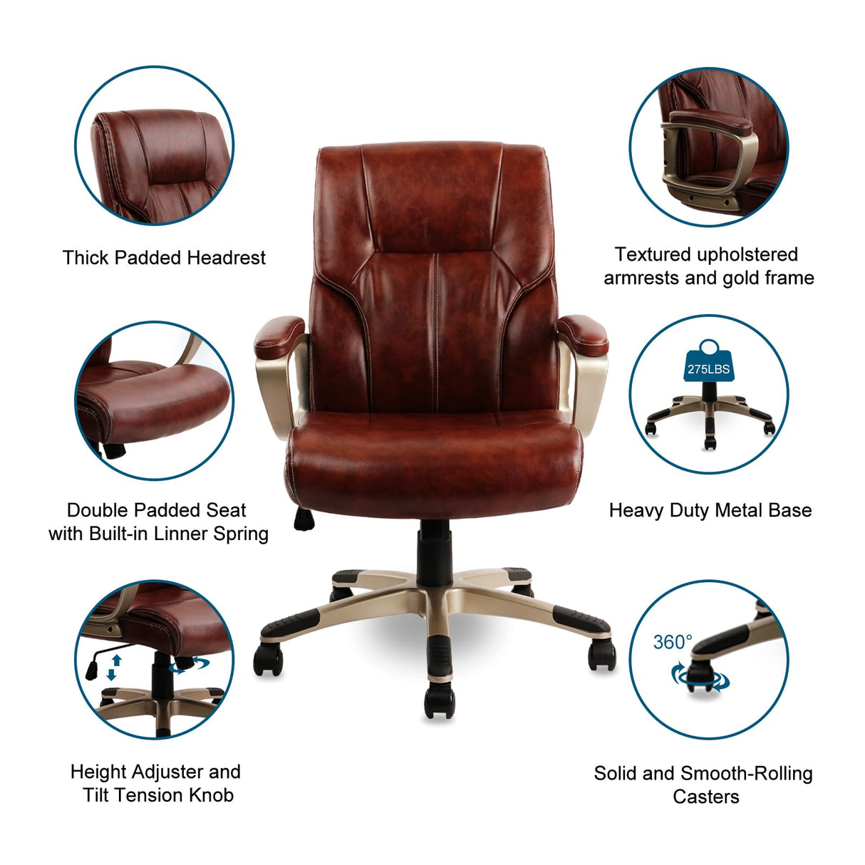 Executive Office Chair Managerial Chair with Soft Padded Armrest, Ergonomic PU Leather