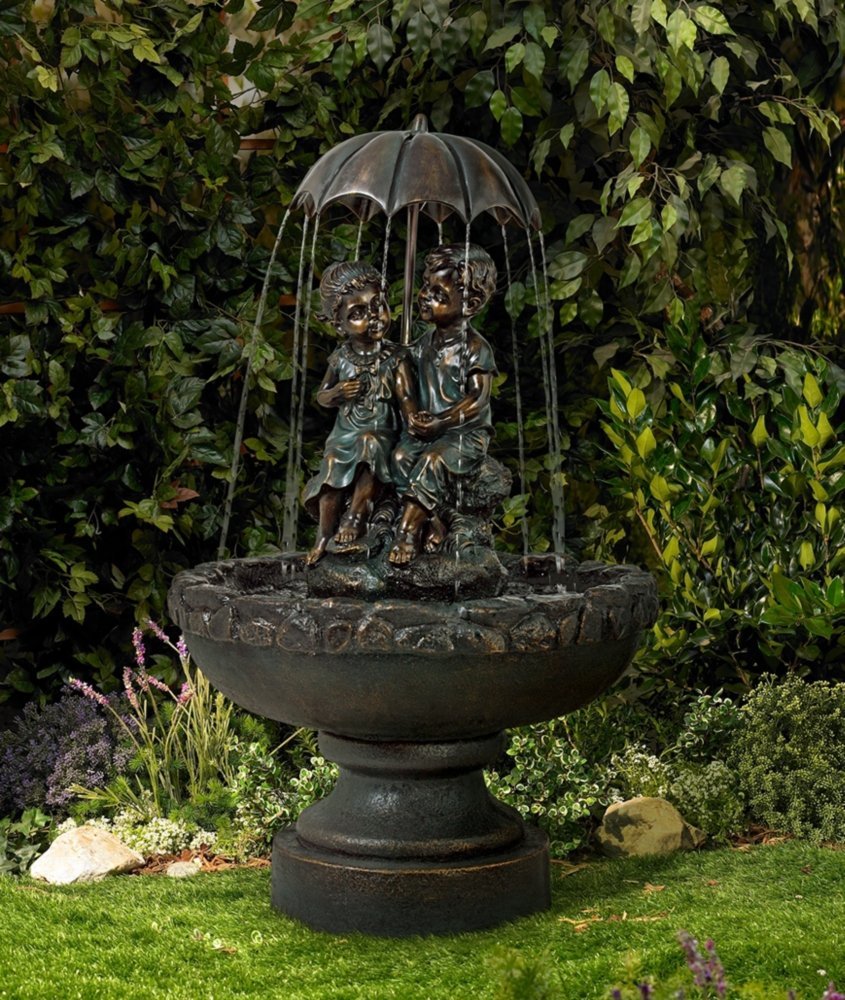 Boy and Girl Under Umbrella Outdoor Floor Water Fountain 40" High Copper Green Bronze Resin for Garden Patio Yard Deck Home Lawn Porch House Relaxation Exterior Balcony Roof - John Timberland