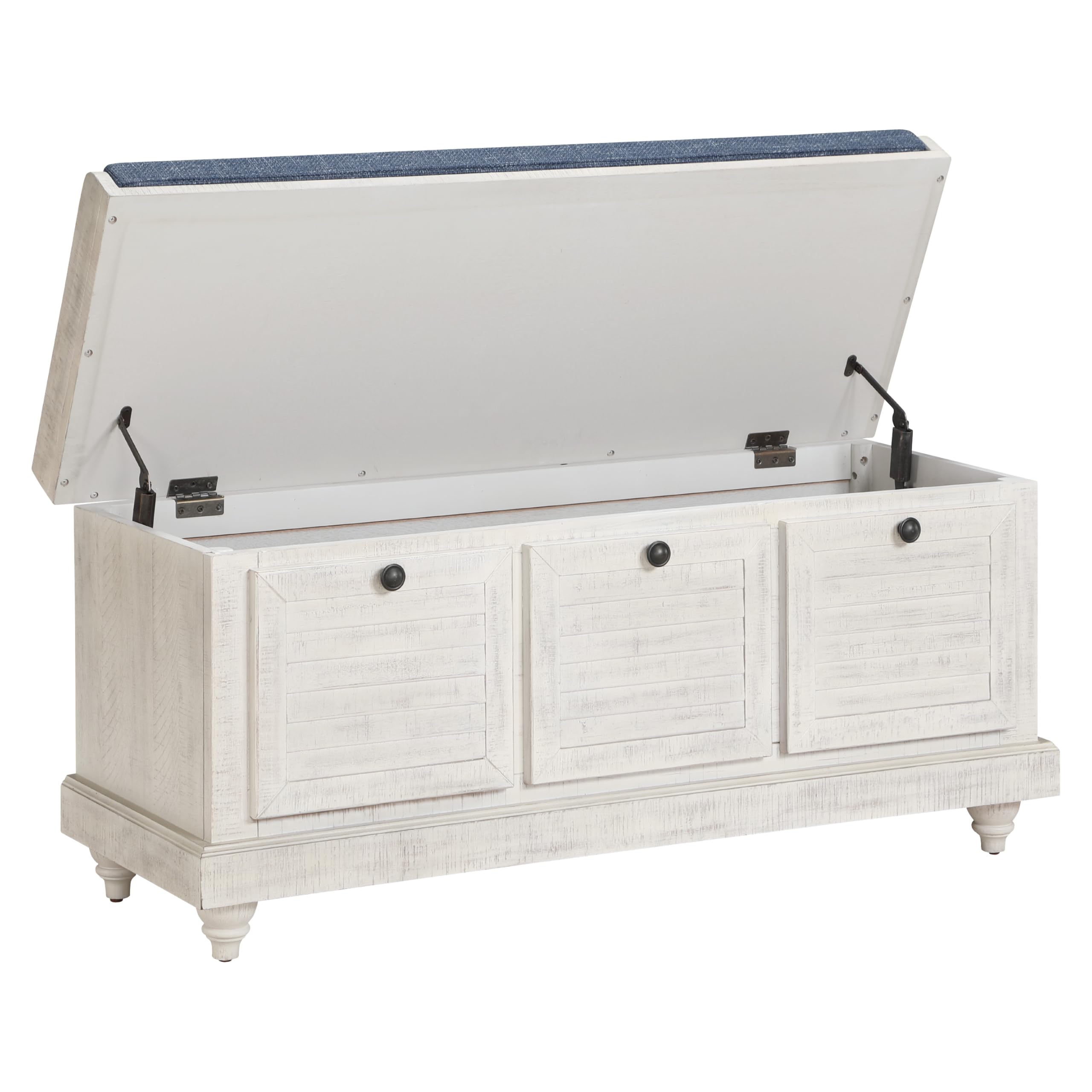 Dover Coastal Lift-Top Storage Bench with Shutter Face Styling, Distressed White Finish