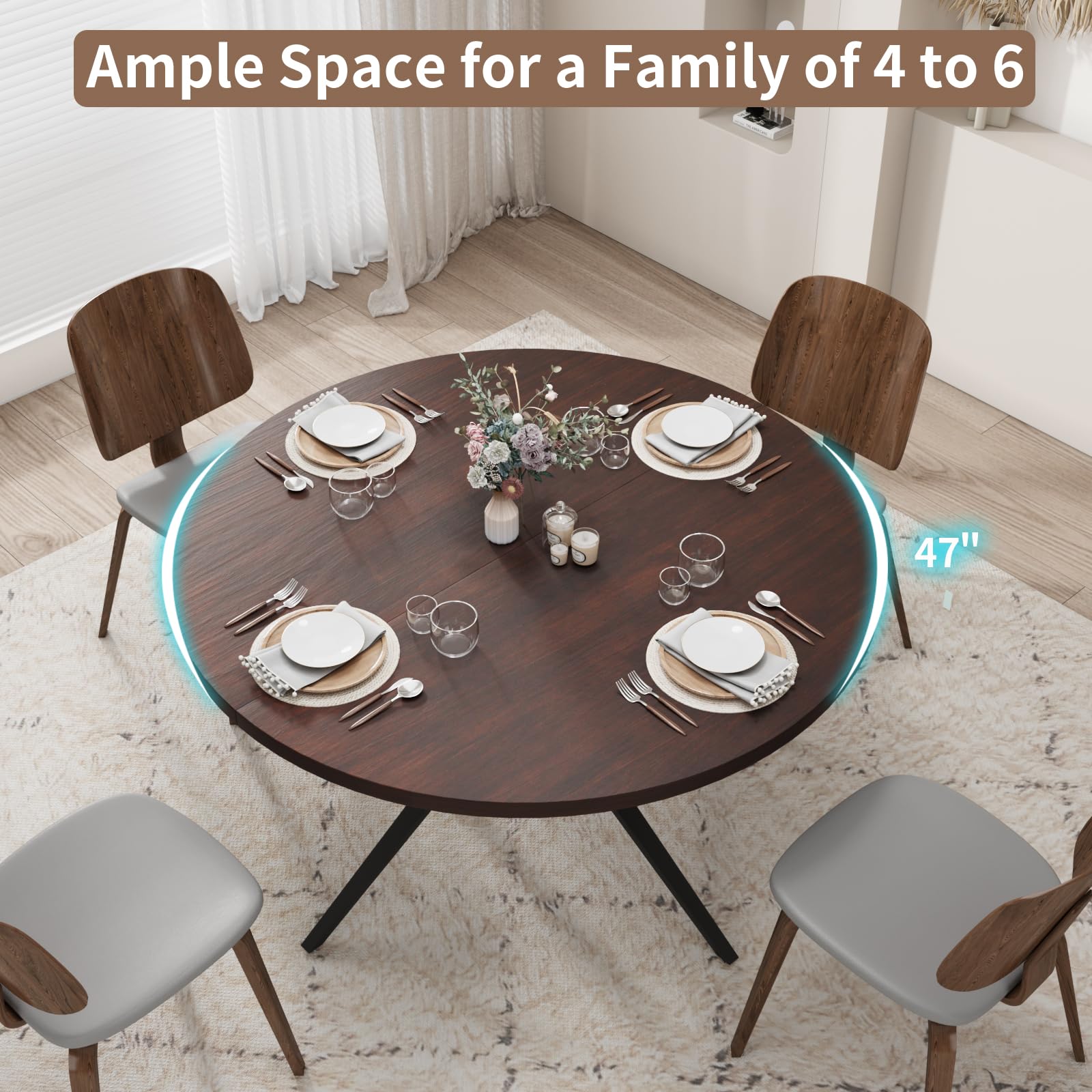 47-Inch Round Solid Wood Dining Table for 4-6 People
