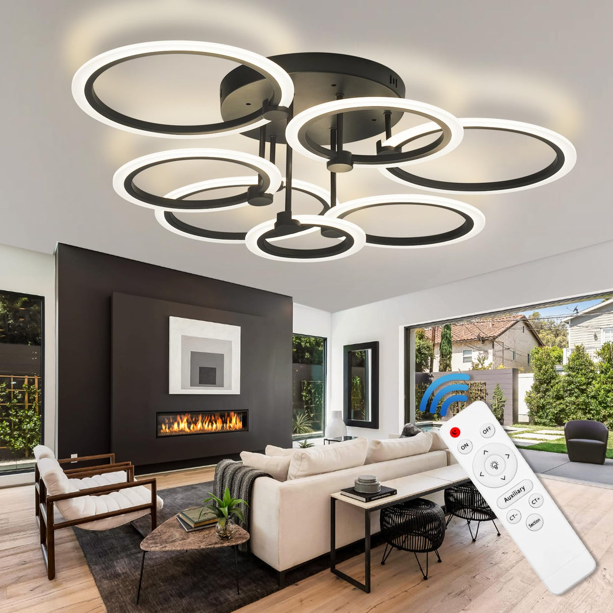 1pc 7 Rings Black and 1pc White Modern Ceiling Light Fixtures with Remote,31.8" 130W