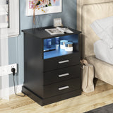 Black LED Nightstand with Charging Station, Side Table with 3 Drawers and Light, End