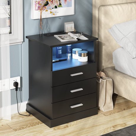 Black LED Nightstand with Charging Station, Side Table with 3 Drawers and Light, End