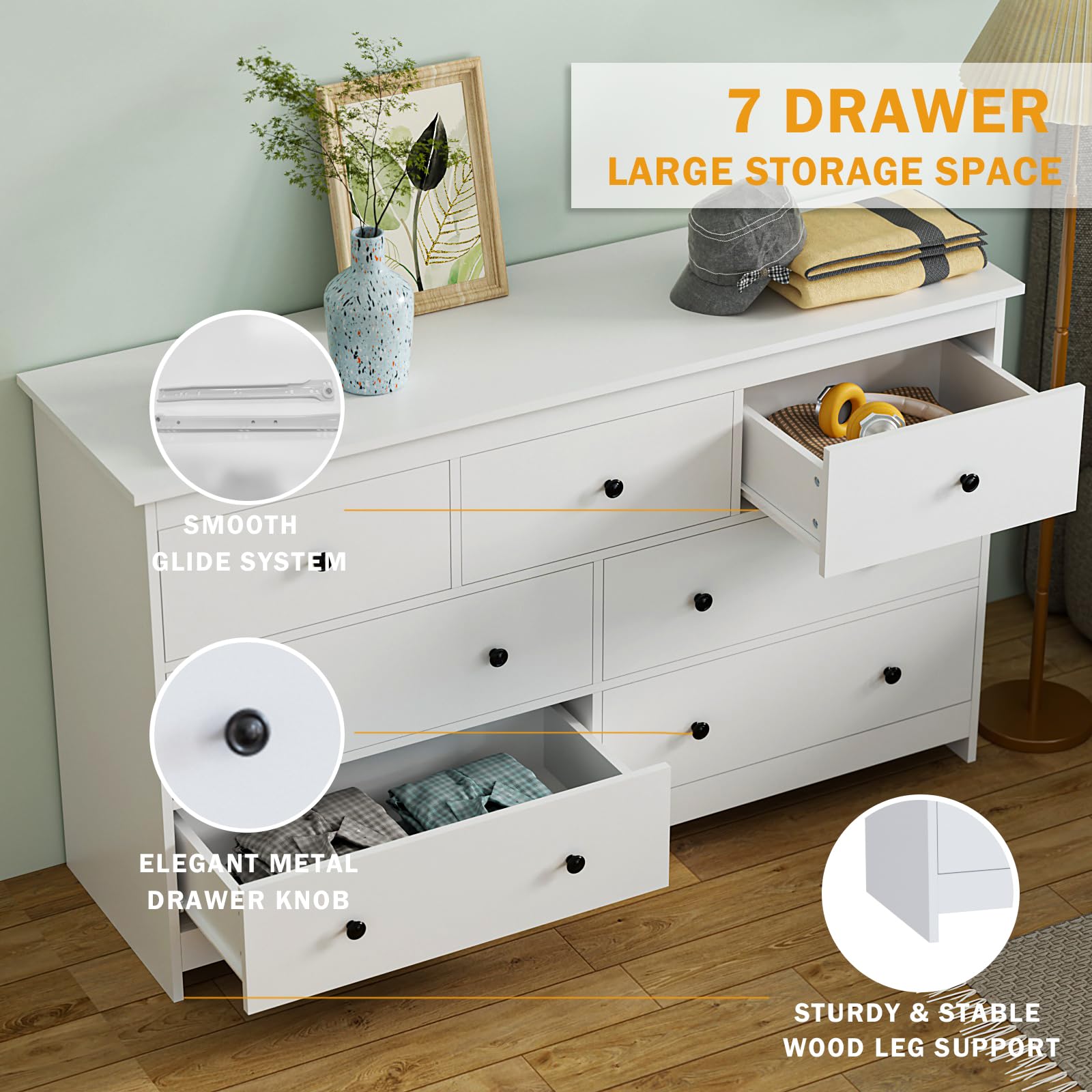 White Dresser for Bedroom, 7 Drawer Dresser with Wide Drawer and Metal Handles
