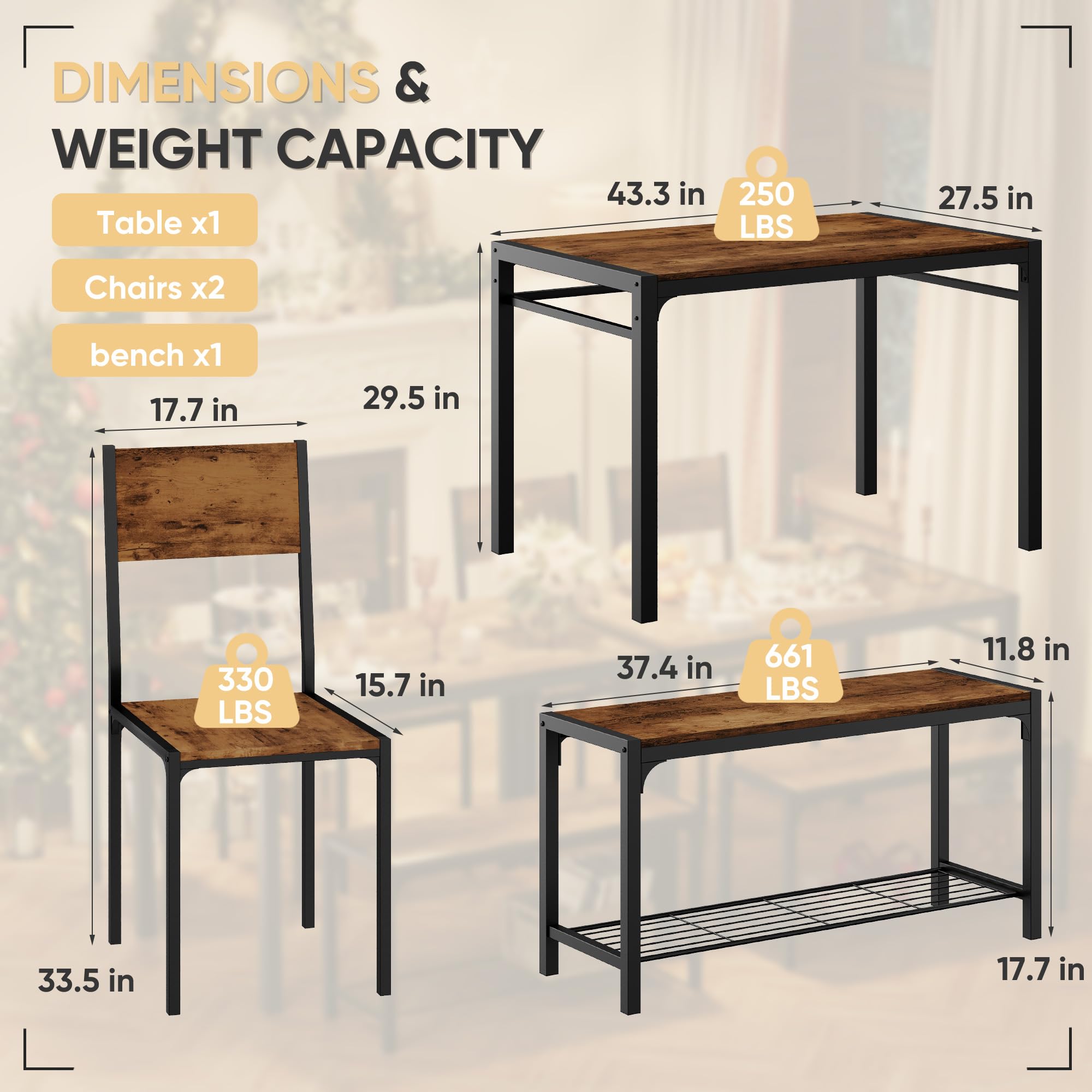 4-Piece Dining Set with Bench for Small Spaces