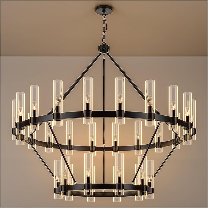24-Lights Black Wagon Wheel Chandelier Modern Farmhouse with Glass Shade