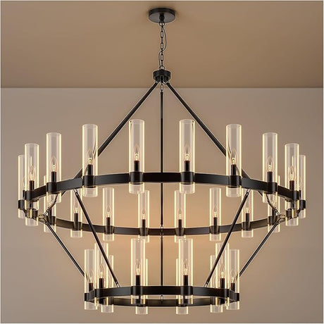 24-Lights Black Wagon Wheel Chandelier Modern Farmhouse with Glass Shade
