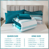 Teal Queen Comforter Set 7 Pieces, Blue Boho Striped Bed in a Bag Queen