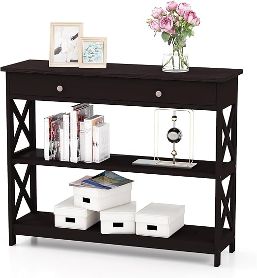 3-Tier Console Table, Wooden Sofa Tables Narrow Long with Large Drawer & 2 Open