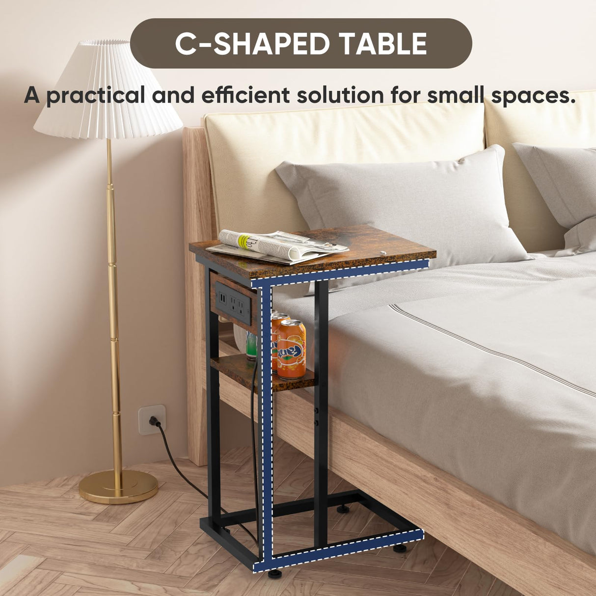 End Table with Charging Station and 2 USB Ports, C Table Storage Shelves, Couch Side Table