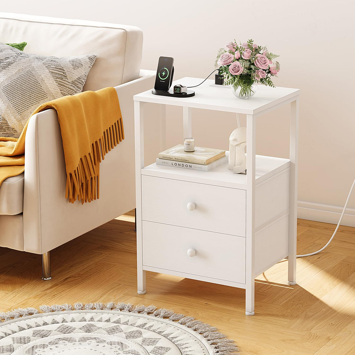 White Night Stand with Charging Station and USB Ports, Small Nightstand