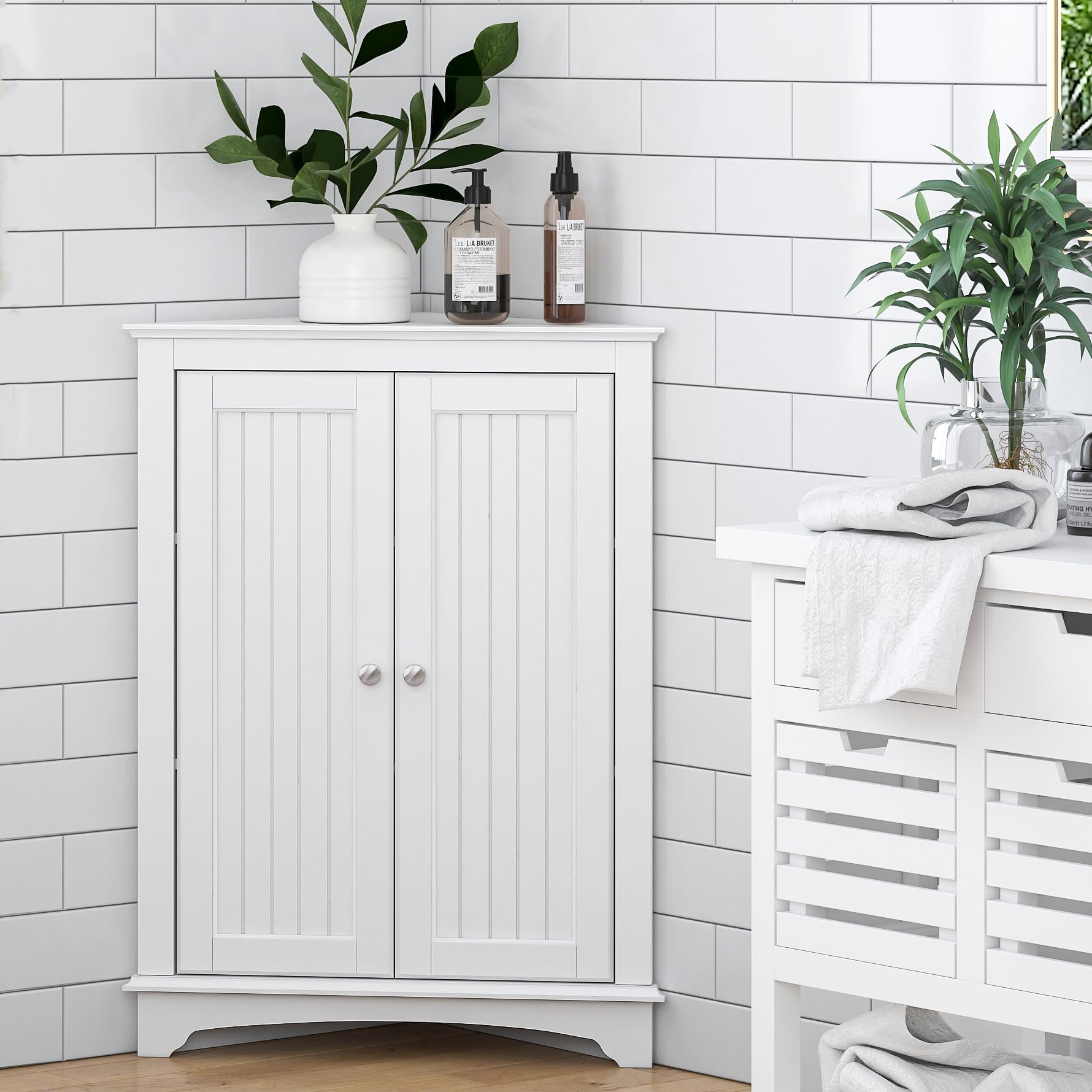 Floor Corner Cabinet with Two Doors and Shelves, Free-Standing Corner Storage Cabinets