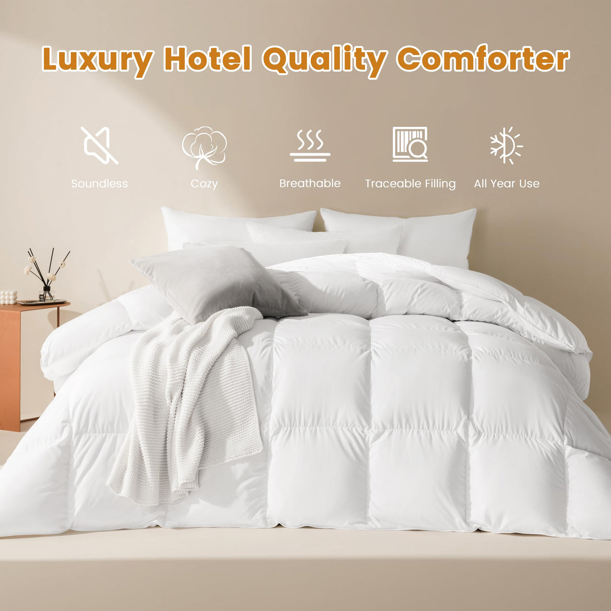 LeWinBedding Luxury Goose Feathers Down Comforter Oversized King Size,All Season Fluffy Duvet Insert,750 Fill Power Hotel Quality Bed Comforter with 8 Tabs(White,120x98 inches)