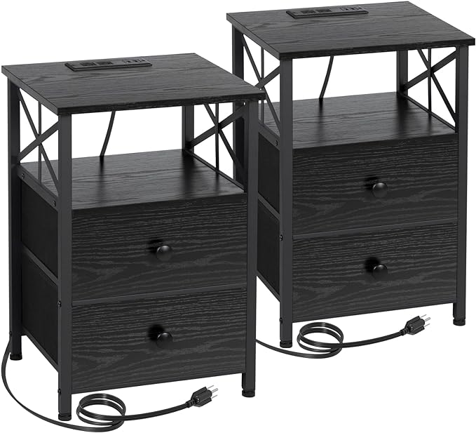 Night Stand Set 2, Nightstand with Charging Station, End Tables Living Room