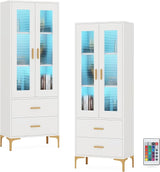 Bookcase with Doors and LED Light, White Bookshelf with 2 Drawers, Freestanding Tall Storage Cabinet for Living Room, Bathroom, Office, Kitchen