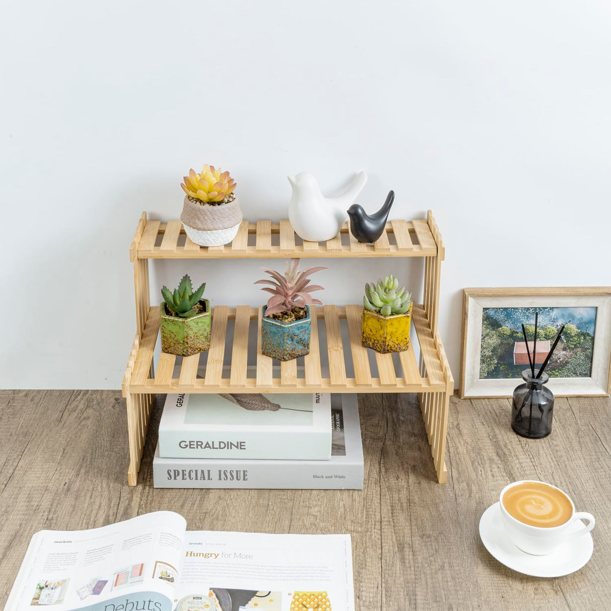Natural Bamboo Indoor Plant Stand for Desk, 2 Tier Desktop Shelf Organizer Rack