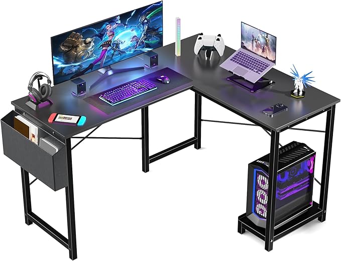 L Shaped Computer Desk Wood Corner PC Gaming Table with Side Storage Bag for Home