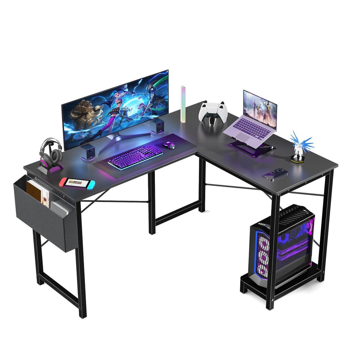 Shaped Computer Desk PC Gaming Table with Side Storage Bag for Home Office Small