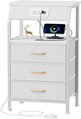 Night Stand with Charging Station, Small Bedside Table with Wood Shelf, End Table