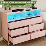 Wide Dresser for Bedroom with Charging Station, 6 Drawer Dresser