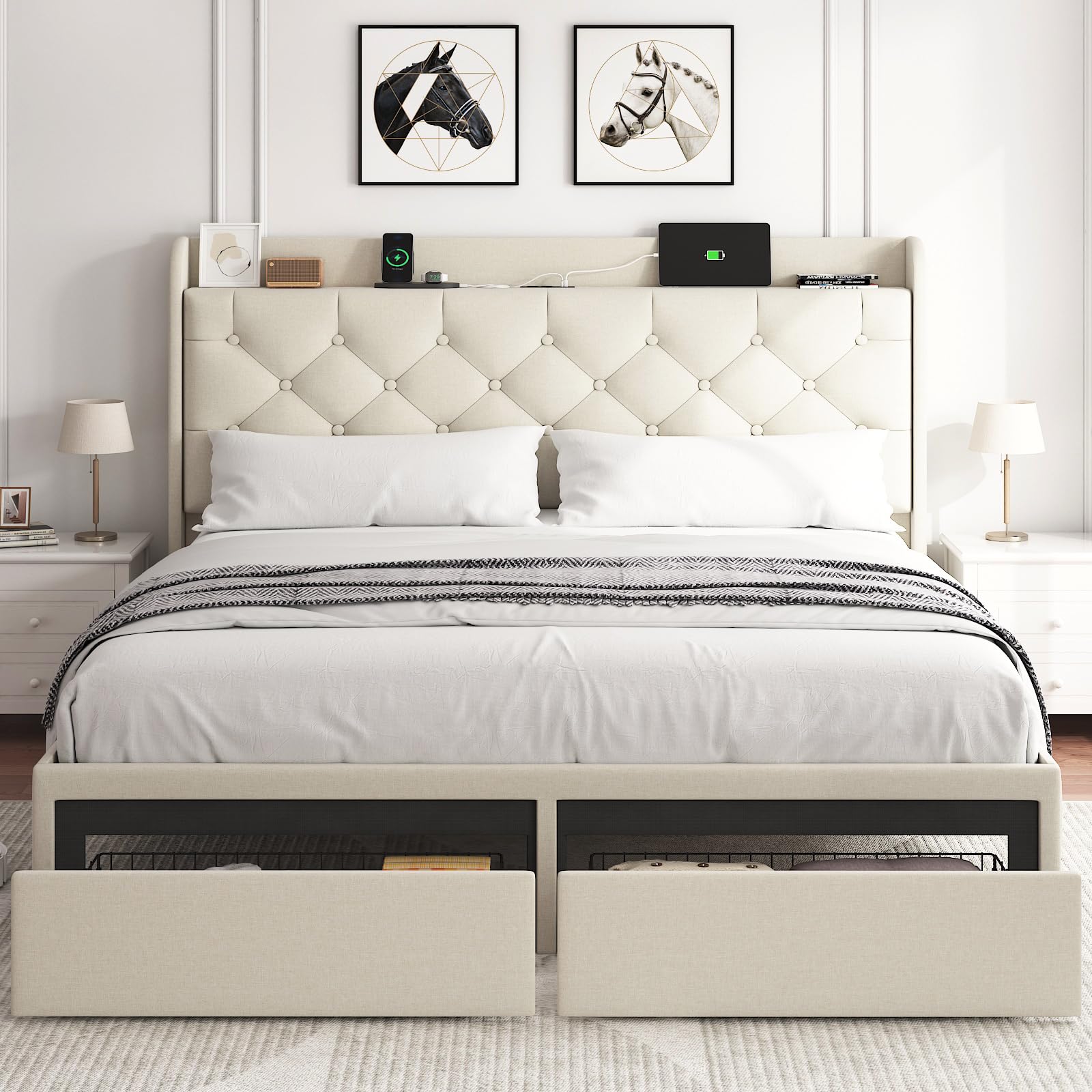 Queen Size Bed Frame with Storage Headboard and Drawers