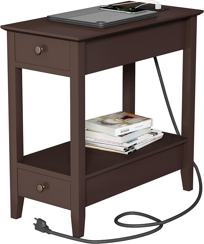 Side Table with Charging Station, Narrow End Table with Storage, 2-Drawer Nightstand