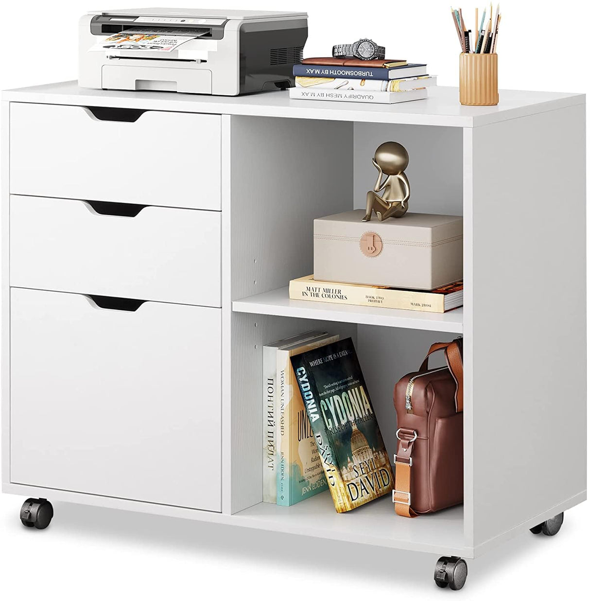 3-Drawer Wood File Cabinet, Mobile Lateral Filing Cabinet, Printer Stand