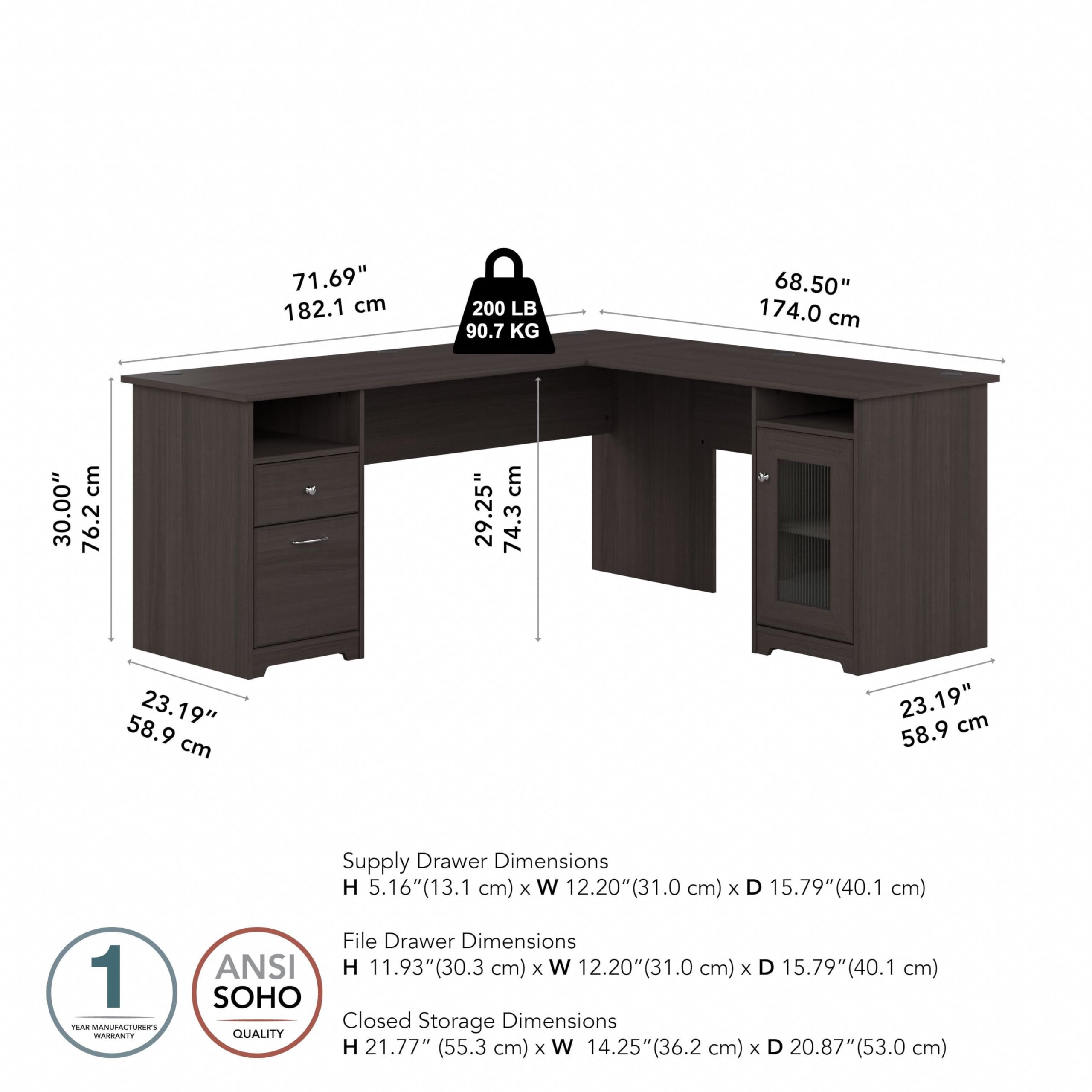 Cabot L Shaped Computer Desk with Storage, 72W, Heather Gray