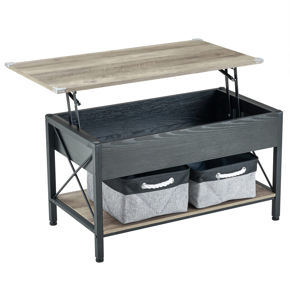 36" Lift Top Coffee Table with Free Cloth Storage Bins, Rustic Framhouse Grey Coffee Table