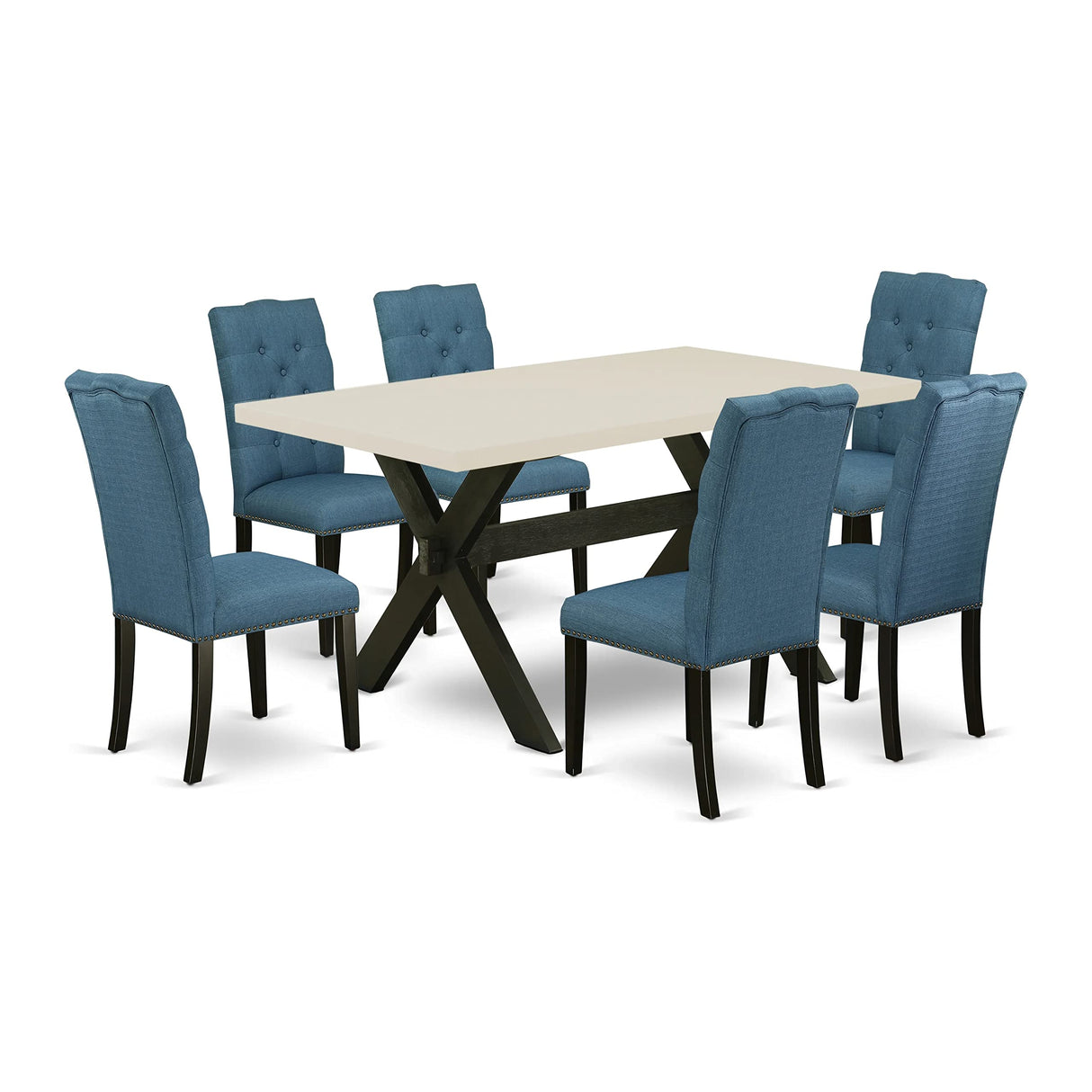 East West Furniture X-Style 7 Piece Room Set Consist of a Rectangle Kitchen Table with X-Legs and 6 Blue Linen Fabric Parson Dining Chairs, 36x60 Inch, X626EL121-7