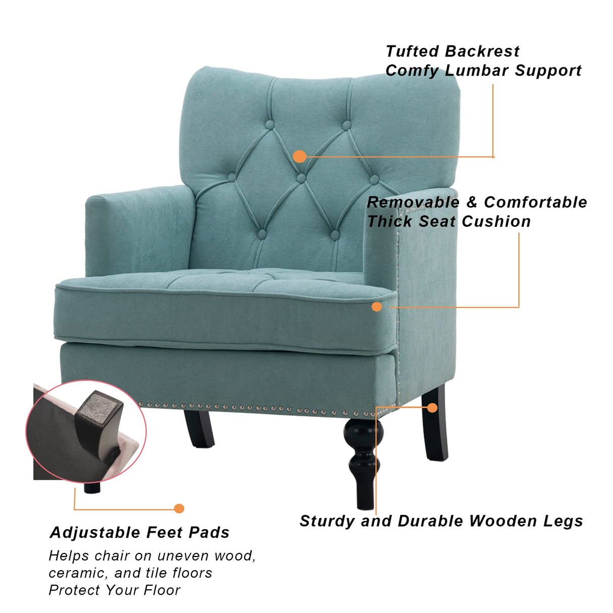 Artechworks Tufted Club Chair Fabric Modern Accent Single Sofa with Studded Nailhead Wooden Legs Armchair Comfy Upholstered for Club Living Room Bedroom Office Reading Room Blue and Green, Teal Green