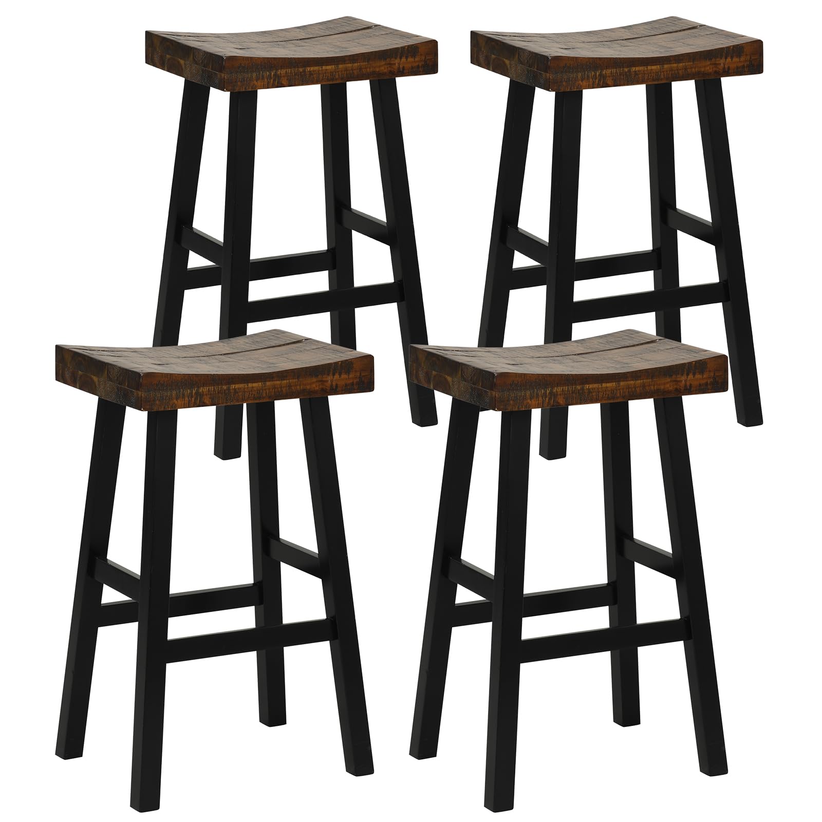 Wooden Saddle Stools Set of 4, 29-inch Bar Height Stools with Curved Seat Surface