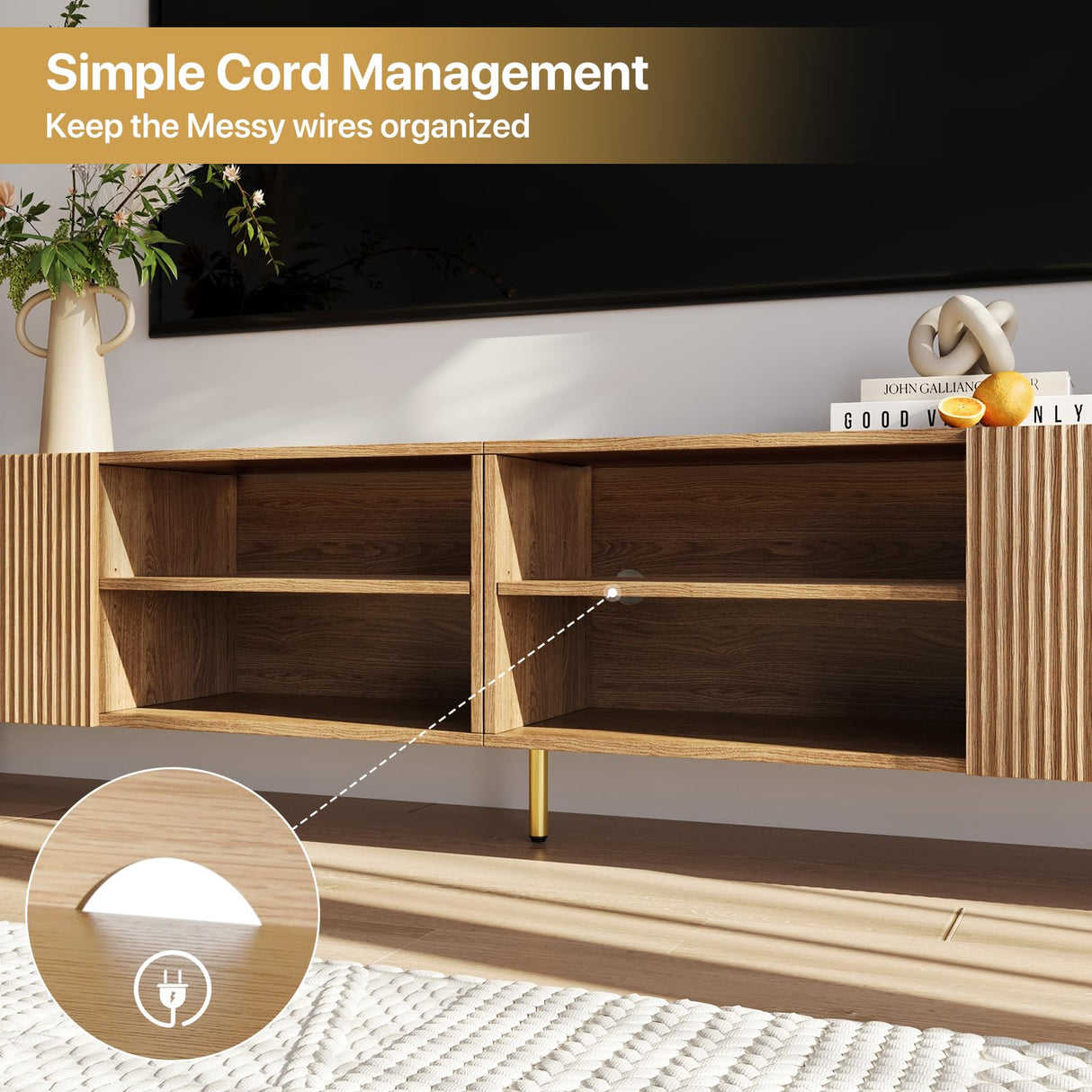 86 Inch TV Stand with Fluted Design and Adjustable Shelves