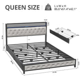 Queen Bed Frame with 4 Storage Drawers, Charging Station and LED Lights, Upholstered Headboard with Storage Shelves