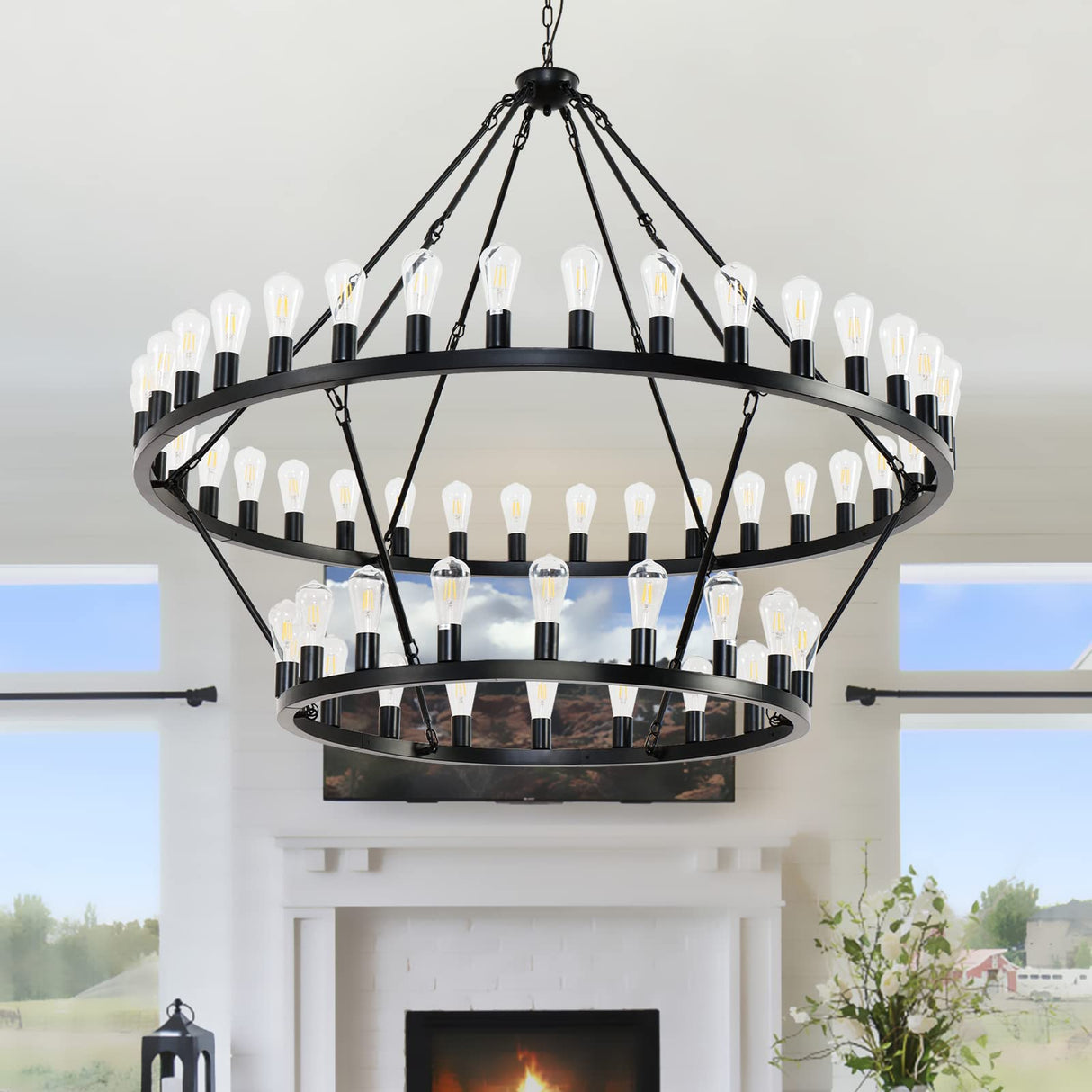 60 Inch Black Extra Large Wagon Wheel Chandelier, 2 Tier 54-Lights Farmhouse Industrial