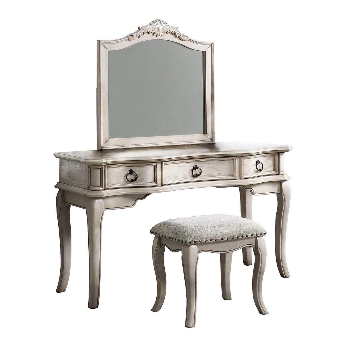 60 Inch Vanity Desk Set with Stool and Mirror, Solid Wood, White and Gray