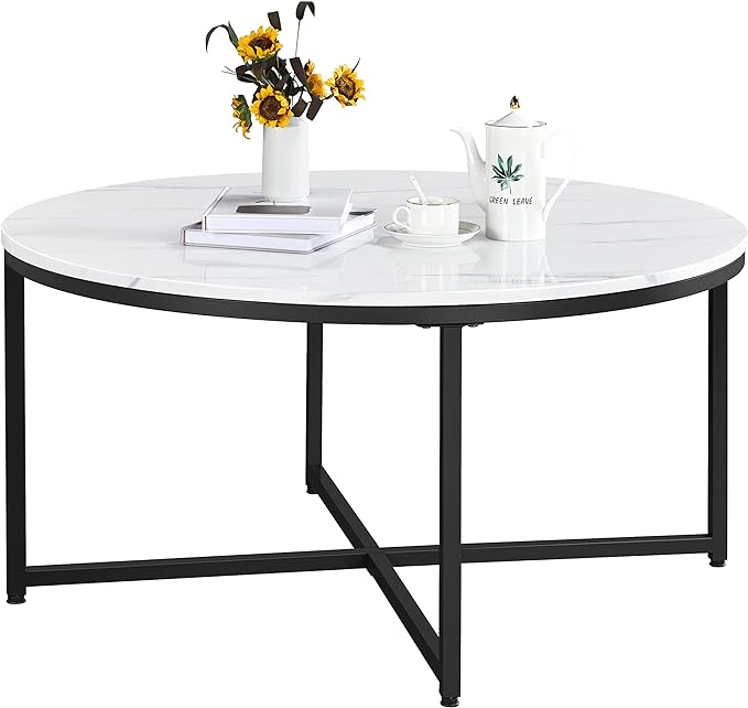 Faux Marble Coffee Table, Modern Round Accent Table with X-Base & Metal Frame,