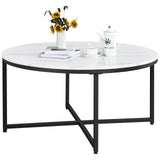 Faux Marble Coffee Table, Modern Round Accent Table with X-Base & Metal Frame,