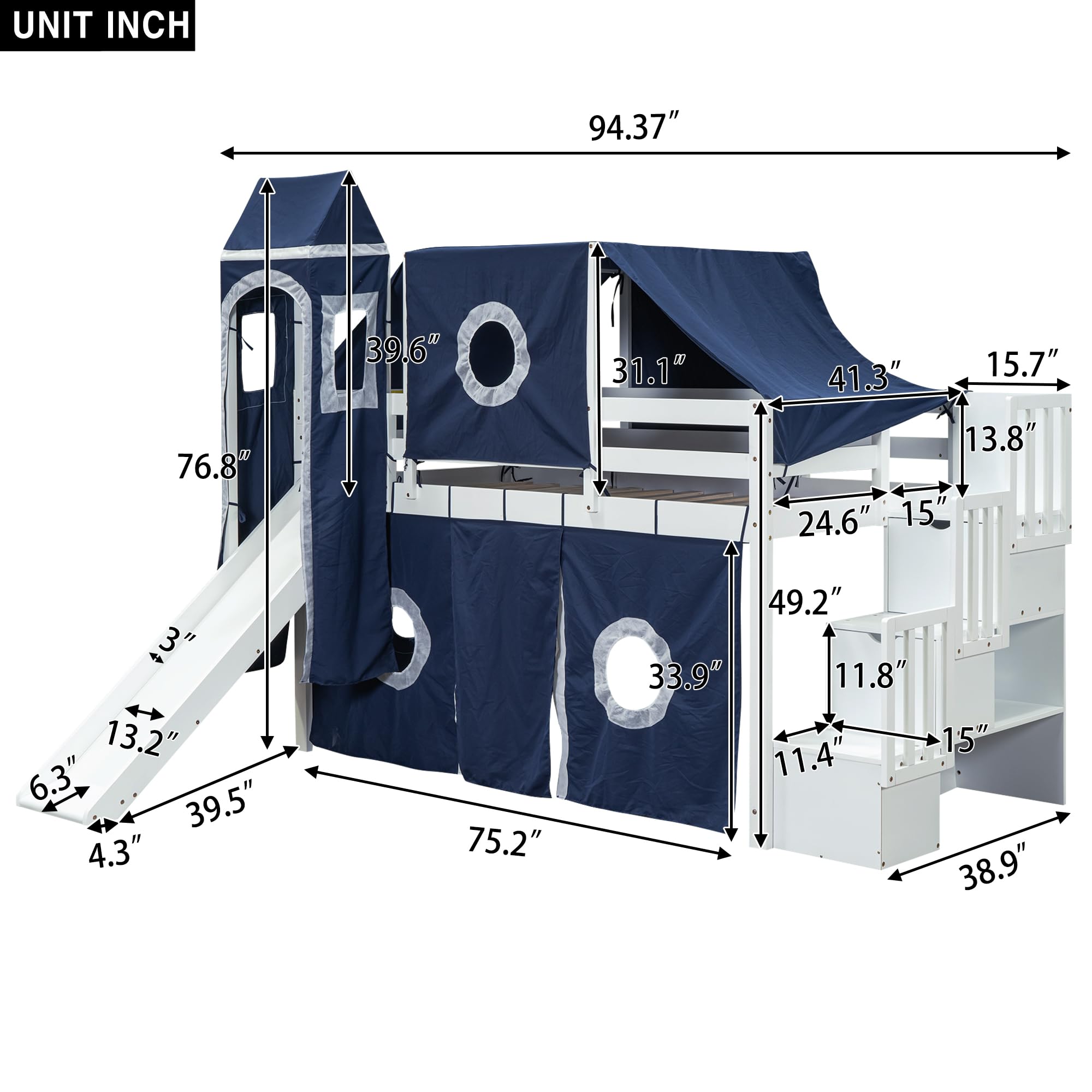 Designs House Loft Bed with Slide and Storage Stairs, Wood Kids Loft Bed with Tent and Tower