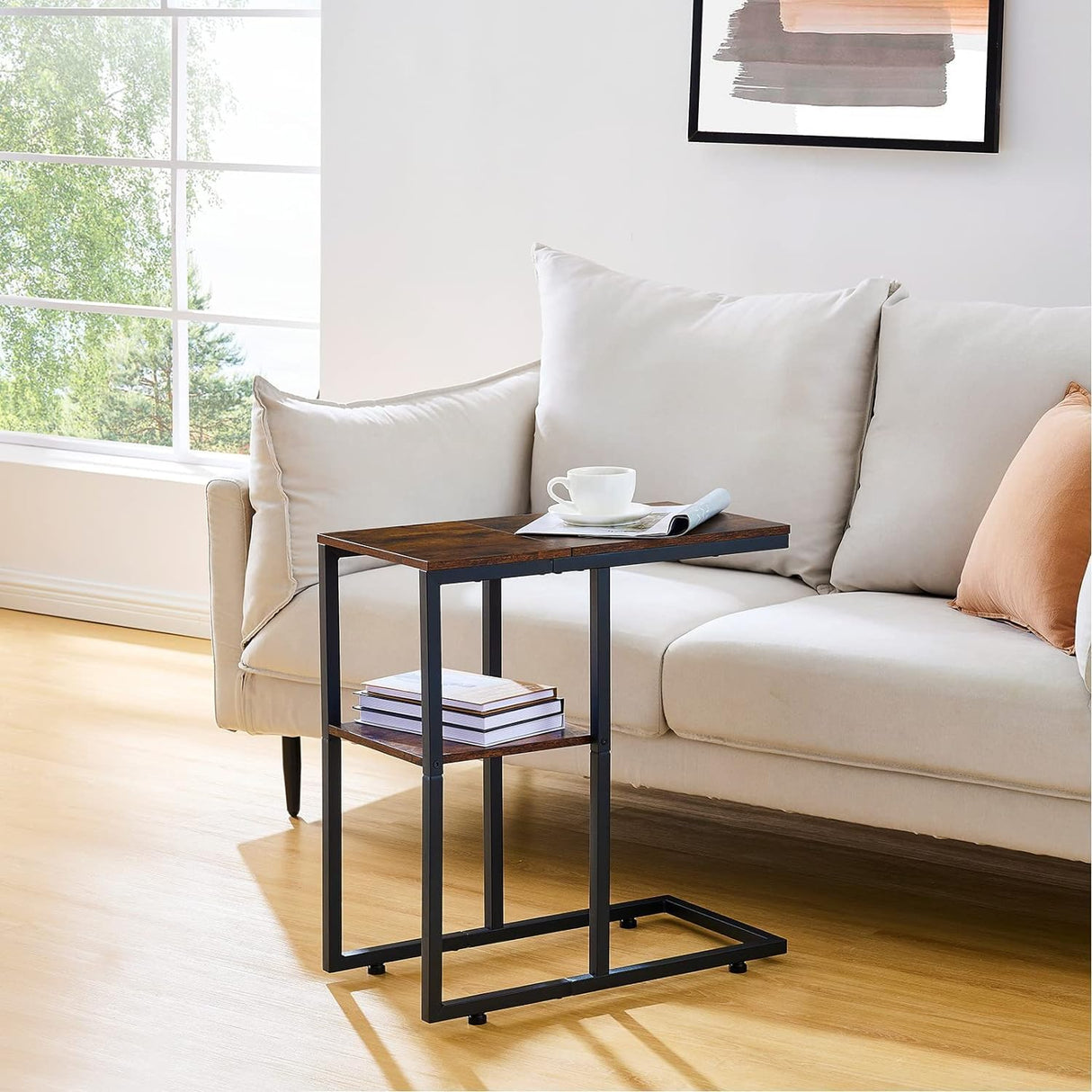 C Shaped End Table, Slim Side Table, Small End Table with Wheels, Snack Side Table